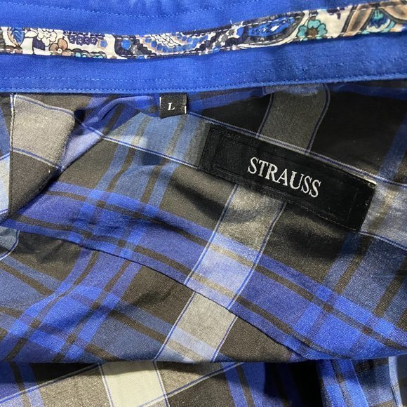 Strauss Long Sleeved‎ Button Shirt Blue Plaid Large LIKE NEW - Picture 7 of 8